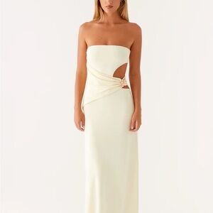 Peppermayo Pastel Yellow Strapless Maxi Dress with Cutout